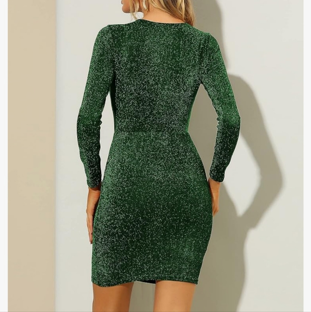 Women Sexy Party Dress V Neck Long Sleeve Stretchy Sparkle Glitter Bodycon Dress - Picture 2 of 10